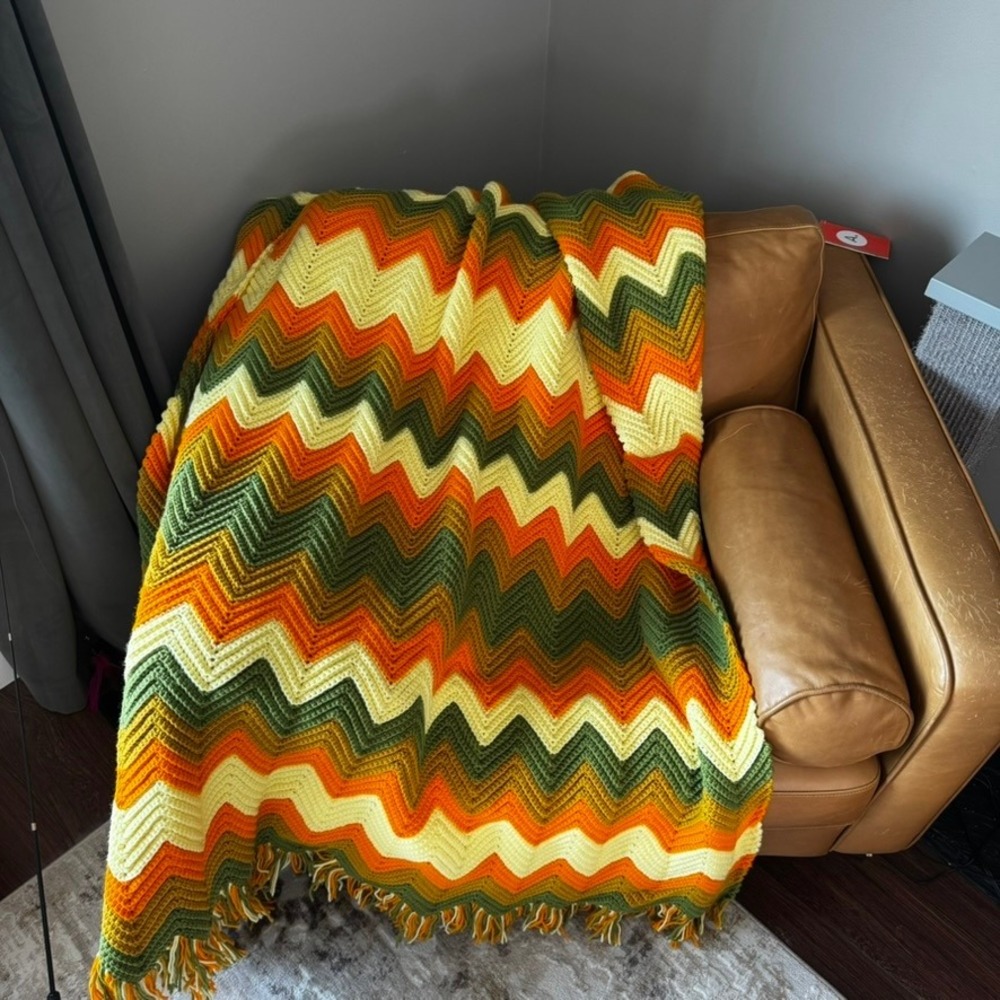 Handmade Crochet Chevron Blanket Throw Cream Orange Green Yellow Fringe